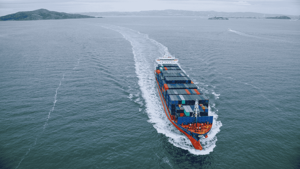 a large container ship at sea, an example of a ship that in future can run on green ammonia